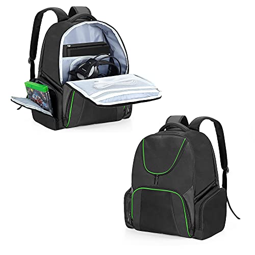 CURMIO Travel Backpack Compatible with Xbox Series S, Xbox One/ One S/ One X, Xbox 360/ 360 Slim, Carrying Case for Game Console, Controllers and Accessories, Green Stripe (Bag Only, Patent Pending)