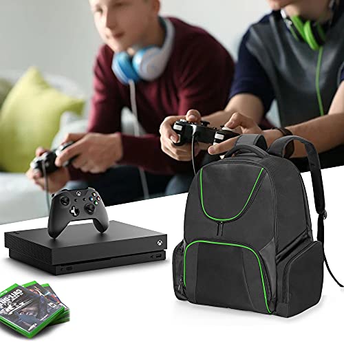 CURMIO Travel Backpack Compatible with Xbox Series S, Xbox One/ One S/ One X, Xbox 360/ 360 Slim, Carrying Case for Game Console, Controllers and Accessories, Green Stripe (Bag Only, Patent Pending)