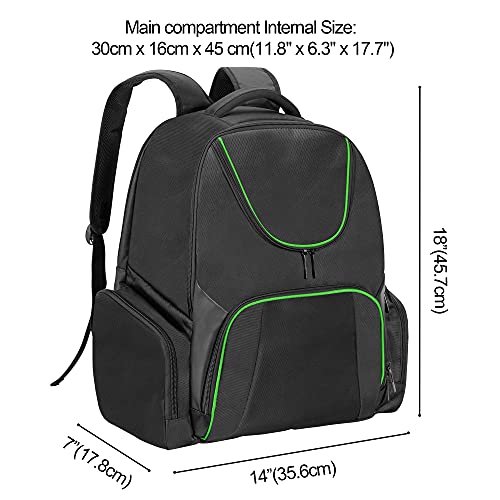 CURMIO Travel Backpack Compatible with Xbox Series S, Xbox One/ One S/ One X, Xbox 360/ 360 Slim, Carrying Case for Game Console, Controllers and Accessories, Green Stripe (Bag Only, Patent Pending)