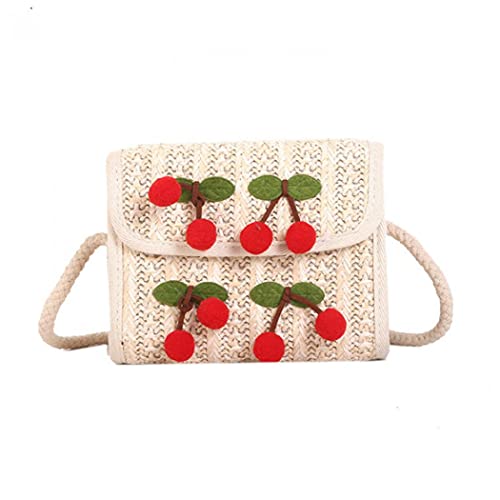 Straw Bags for Women, Hand-woven Straw Cherry Shoulder Bag Tote Summer Retro Beach Rattan Bag Straw Crossbody Bag for Lady Girls (Beige)