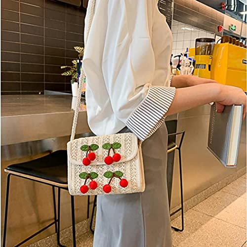 Straw Bags for Women, Hand-woven Straw Cherry Shoulder Bag Tote Summer Retro Beach Rattan Bag Straw Crossbody Bag for Lady Girls (Beige)