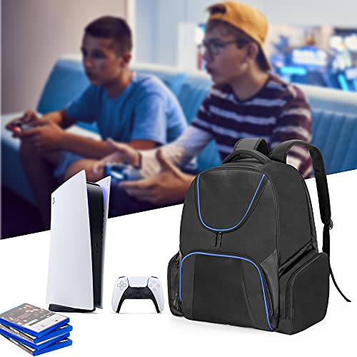 CURMIO Gaming Console Backpack Compatible with PS5, PS4 and PS4 Pro, Travel Carrying Case with Pockets for Controller, Headset and Game Accessories, Blue Stripe (Bag Only, Patent Pending)