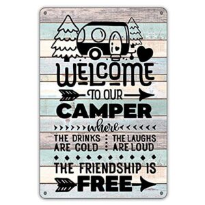 qiongqi funny welcome to our camper metal tin sign wall farmhouse rustic camping signs for home garage men cave decor camper gifts