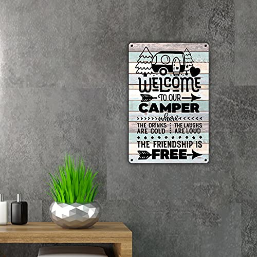 QIONGQI Funny Welcome to Our Camper Metal Tin Sign Wall Farmhouse Rustic Camping Signs for Home Garage Men Cave Decor Camper Gifts