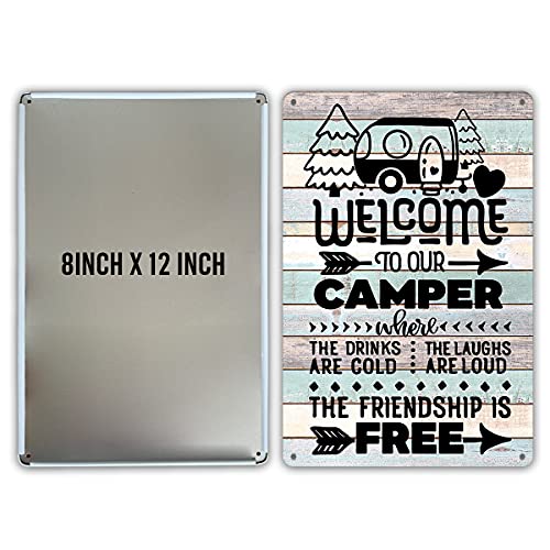 QIONGQI Funny Welcome to Our Camper Metal Tin Sign Wall Farmhouse Rustic Camping Signs for Home Garage Men Cave Decor Camper Gifts