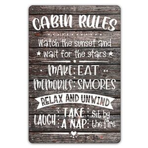 qiongqi funny cabin rules metal tin sign wall decor, farmhouse wooden style cabin sign for home decor gifts