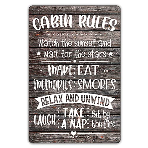 QIONGQI Funny Cabin Rules Metal Tin Sign Wall Decor, Farmhouse Wooden Style Cabin Sign for Home Decor Gifts