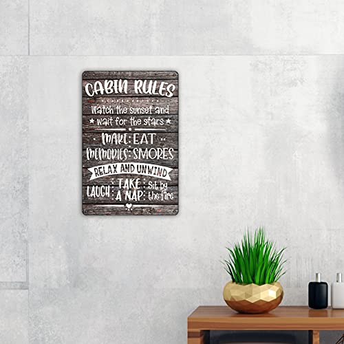 QIONGQI Funny Cabin Rules Metal Tin Sign Wall Decor, Farmhouse Wooden Style Cabin Sign for Home Decor Gifts