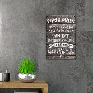 QIONGQI Funny Cabin Rules Metal Tin Sign Wall Decor, Farmhouse Wooden Style Cabin Sign for Home Decor Gifts