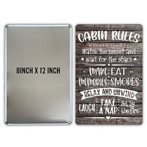 QIONGQI Funny Cabin Rules Metal Tin Sign Wall Decor, Farmhouse Wooden Style Cabin Sign for Home Decor Gifts