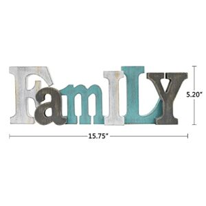 E-view Wooden Letters Sign Decorative Wood Block Signs Freestanding Word Cutout Distressed Teal Sign for Shelf Table Mantle Hanging Ornament Rustic Home Decor (Family)