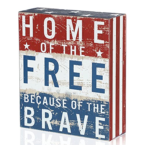 Labor Day Decor Independence Day Patriotic Box Sign 5 x 6 Inch Wood American Flag Patriotic Decor Home of the Free Because of the Brave 4th of July Farmhouse Rustic Wooden Block Tiered Tray Decoration