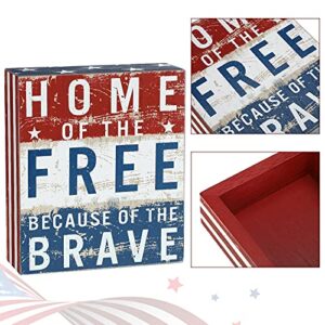 Labor Day Decor Independence Day Patriotic Box Sign 5 x 6 Inch Wood American Flag Patriotic Decor Home of the Free Because of the Brave 4th of July Farmhouse Rustic Wooden Block Tiered Tray Decoration