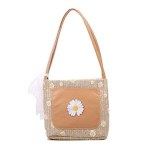 xlabor daisy straw beach bag woven rattan bag tote shoulder bag summer handbag for girl women summer bohemia ,brown