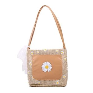 Xlabor Daisy Straw Beach Bag Woven Rattan Bag Tote Shoulder Bag Summer Handbag for Girl Women Summer Bohemia ,Brown