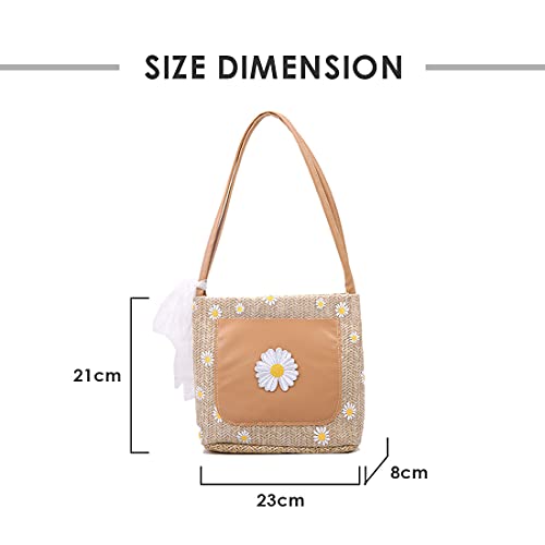 Xlabor Daisy Straw Beach Bag Woven Rattan Bag Tote Shoulder Bag Summer Handbag for Girl Women Summer Bohemia ,Brown