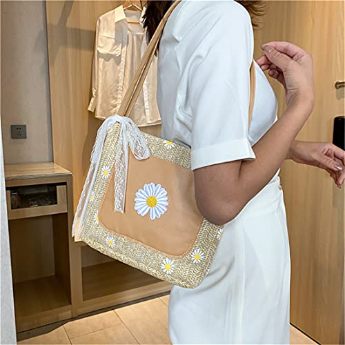 Xlabor Daisy Straw Beach Bag Woven Rattan Bag Tote Shoulder Bag Summer Handbag for Girl Women Summer Bohemia ,Brown