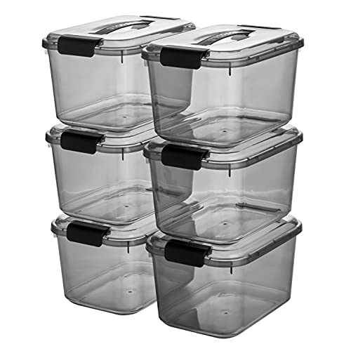 JUJIAJIA 5.5 Quart Black Clear Storage Latch Bins with Lids/Handle, 6-Pack Plastic Lidded Home Storage Organizing Latch Box