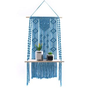 Goodliest Handmade Woven Macrame Wall Hanging Shelf, Boho Wall Decor Floating Shelves, Rope Plant Pot Basket Hanger Holder for Bedroom Kitchen Blue