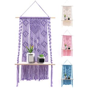 Goodliest Handmade Woven Macrame Wall Hanging Shelf, Boho Wall Decor Floating Shelves, Rope Plant Pot Basket Hanger Holder for Bedroom Kitchen Blue