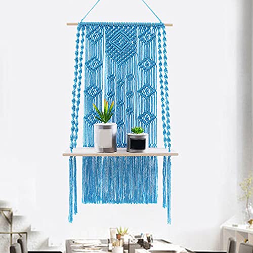 Goodliest Handmade Woven Macrame Wall Hanging Shelf, Boho Wall Decor Floating Shelves, Rope Plant Pot Basket Hanger Holder for Bedroom Kitchen Blue