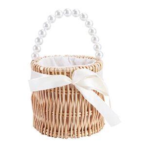 imikeya wicker storage basket rattan handbags straw flower girl basket rustic wedding ring bearer with pearl handle summer beach tote bag for summer photo prop wicker hamper