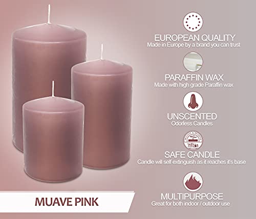 Hyoola Mauve Pink Pillar Candles 2x3 Inch - 4 Pack Unscented Pillar Candles Bulk - European Made