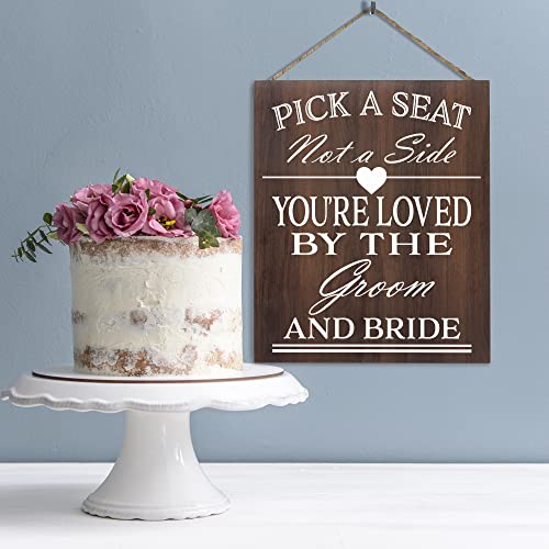 JennyGems Pick a Seat Not A Side Sign You Are Loved by the Groom and Bride, Wedding Signs and Decor for Ceremony, Brown Directional Signage, Made in USA