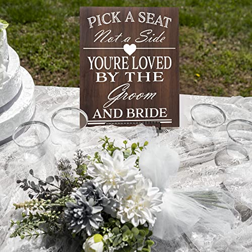 JennyGems Pick a Seat Not A Side Sign You Are Loved by the Groom and Bride, Wedding Signs and Decor for Ceremony, Brown Directional Signage, Made in USA