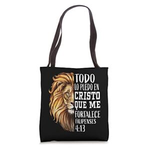 christian gift men spanish filipenses 4:13 verses lion judah tote bag