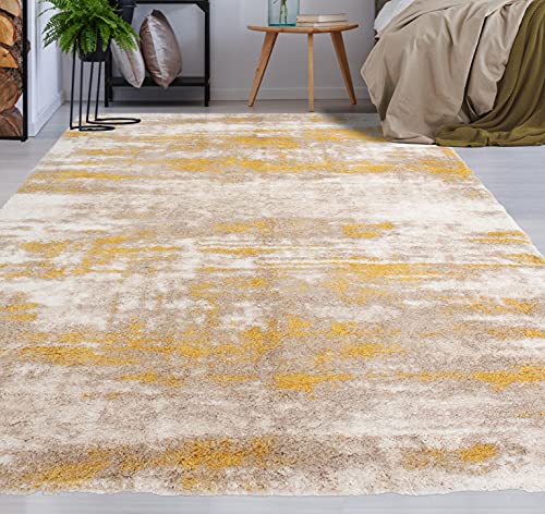 NOORI RUG - Premium & Luxury Imported - Lux Madison Machine Made High Pile Abstract - Rectangle - Gold - Beige - 5' x 8', Bedroom, Living Room