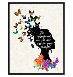she remembered who she was and the game changed wall art poster 11×14 – uplifting inspirational positive quotes – motivational encouragement gifts for women, girls room, bedroom – butterfly wall decor