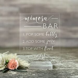 acrylic wedding sign: mimosa bar bridal shower sign – clear acrylic sign with stand – mimosa bar sign, free drink sign, rustic wedding decorations, reception decorations (5x7, clear acrylic stand)