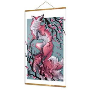 dalihebo japanese decor wall art – fox and sakura retro poster canvas wall art – for living room bedroom office restaurant magnetic scroll wooden frame (16x27inch) can be hung