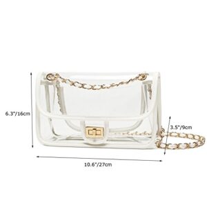 LAM GALLERY Womens PVC Clear Purse Handbag with Chain Stadium Approved Clear Bag See Through Bag for Working and Concert (White Gold Large)