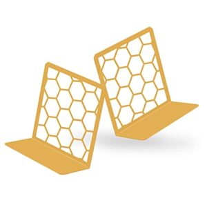 premium geometric gold honeycomb bookends for shelves, metal book ends for office, l-shaped book stopper, rustproof bookends decorative unique for home, 6.25 (l) x 6 (w) inches, 1 pair – geomod