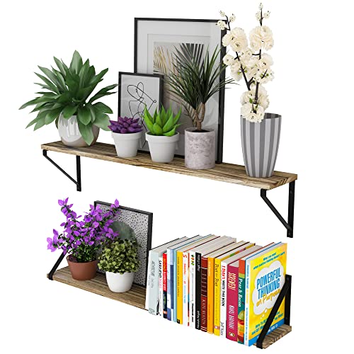 Wallniture Bora 36 Inch Large Floating Shelves for Wall, Floating Bookshelf, Plant Shelf Set of 2, Burned Wood Wall Shelves for Living Room