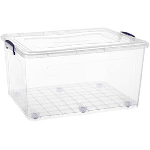 superio 85 qt storage container with wheels, stackable large storage containers with lid, durable latches, opaque clear (65)