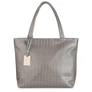 womens crocodile large tote handbag purse shoulder bag travel satchel handbag (gray)