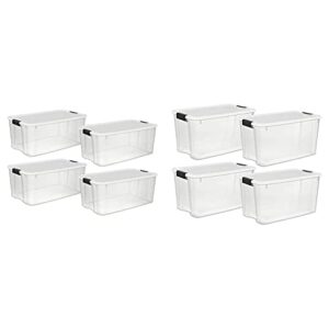 sterilite 19909804 116 quart/110 liter ultra latch box, clear with a white lid and black latches, 4-pack & 70 qt clear plastic stackable storage bin w/white latching lid organizing solution, 4 pack