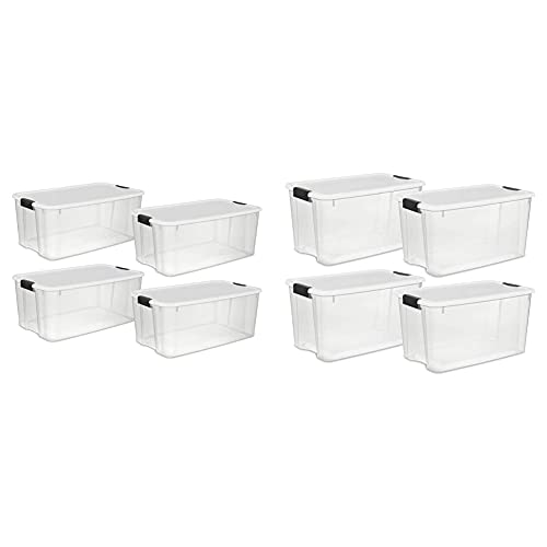 Sterilite 19909804 116 Quart/110 Liter Ultra Latch Box, Clear with a White Lid and Black Latches, 4-Pack & 70 Qt Clear Plastic Stackable Storage Bin w/White Latching Lid Organizing Solution, 4 Pack