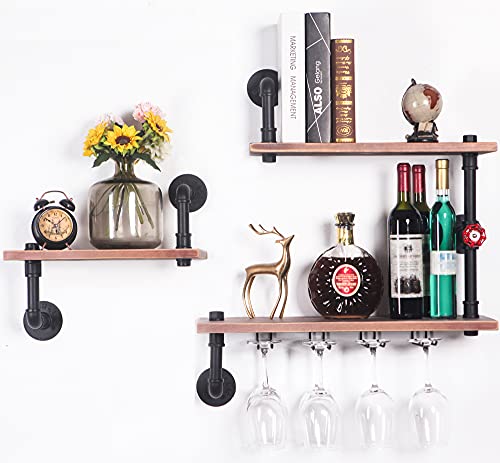 VEMEST 3 Tier Industrial Pipe Shelving Wall Mounted, Rustic Metal Storage Floating Shelves for Bedroom, Living Room, Bathroom, Farmhouse Kitchen Bar Shelving and Wall Shelf Unit Bookshelf.