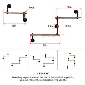 VEMEST 3 Tier Industrial Pipe Shelving Wall Mounted, Rustic Metal Storage Floating Shelves for Bedroom, Living Room, Bathroom, Farmhouse Kitchen Bar Shelving and Wall Shelf Unit Bookshelf.