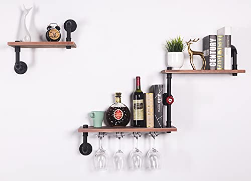 VEMEST 3 Tier Industrial Pipe Shelving Wall Mounted, Rustic Metal Storage Floating Shelves for Bedroom, Living Room, Bathroom, Farmhouse Kitchen Bar Shelving and Wall Shelf Unit Bookshelf.