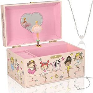 ballerina jewelry box for girls musical – glow-in-the-dark little girls jewelry box gift – kids jewelry box organizer with drawer and heart necklace and bracelet set – cute music boxes for girls