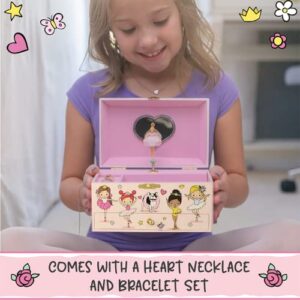 Ballerina Jewelry Box for Girls Musical - Glow-In-The-Dark Little Girls Jewelry Box Gift - Kids Jewelry Box Organizer with Drawer and Heart Necklace and Bracelet Set - Cute Music Boxes for Girls