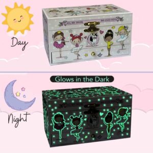 Ballerina Jewelry Box for Girls Musical - Glow-In-The-Dark Little Girls Jewelry Box Gift - Kids Jewelry Box Organizer with Drawer and Heart Necklace and Bracelet Set - Cute Music Boxes for Girls