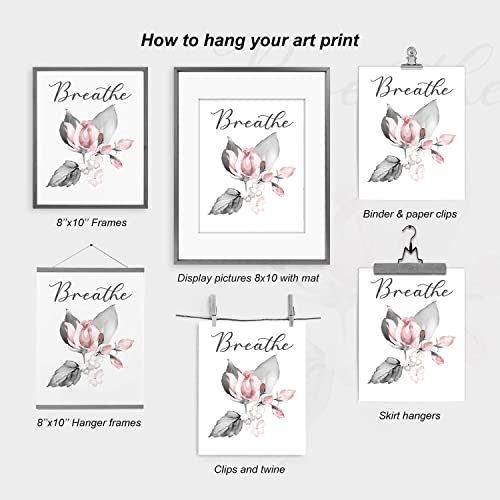 heilkee Pink Flower Wall Art Bathroom Grey Wall Decor Relax Soak Unwind Breathe Wall Pictures Bathroom Signs Set of 4(UNFRAMED 8x10in)