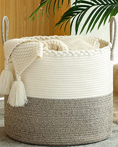 KAKAMAY Large Blanket Basket (18"x18"x16"),Woven Baby Laundry Hamper for Storage, Cotton Rope Blankets Baskets for Nursery, Laundry, Living Room, Pillows, Baby Toy chest with Handles (White/Beige)