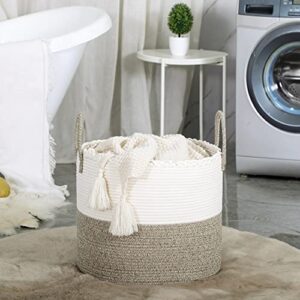 KAKAMAY Large Blanket Basket (18"x18"x16"),Woven Baby Laundry Hamper for Storage, Cotton Rope Blankets Baskets for Nursery, Laundry, Living Room, Pillows, Baby Toy chest with Handles (White/Beige)